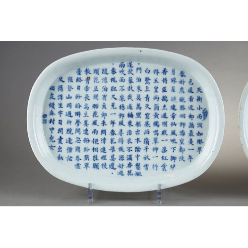 Two oval-shaped dishes in blue white porcelain